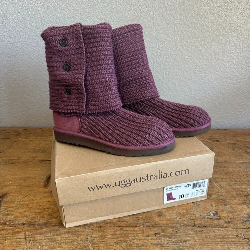 NEW UGG Australia Classic Cardy Boots Purple Foldover MidCalf Ankle Knit Fur 10